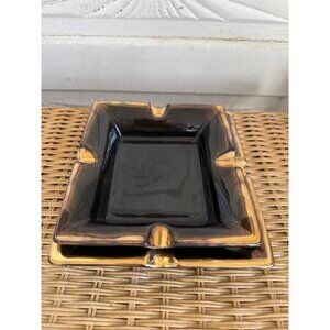 Vintage MCM Pair Stacking Cigar Ashtrays Black And Gold Ceramic